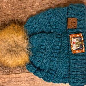 C.C  Turquoise Knit Beanie with Pom-Pom